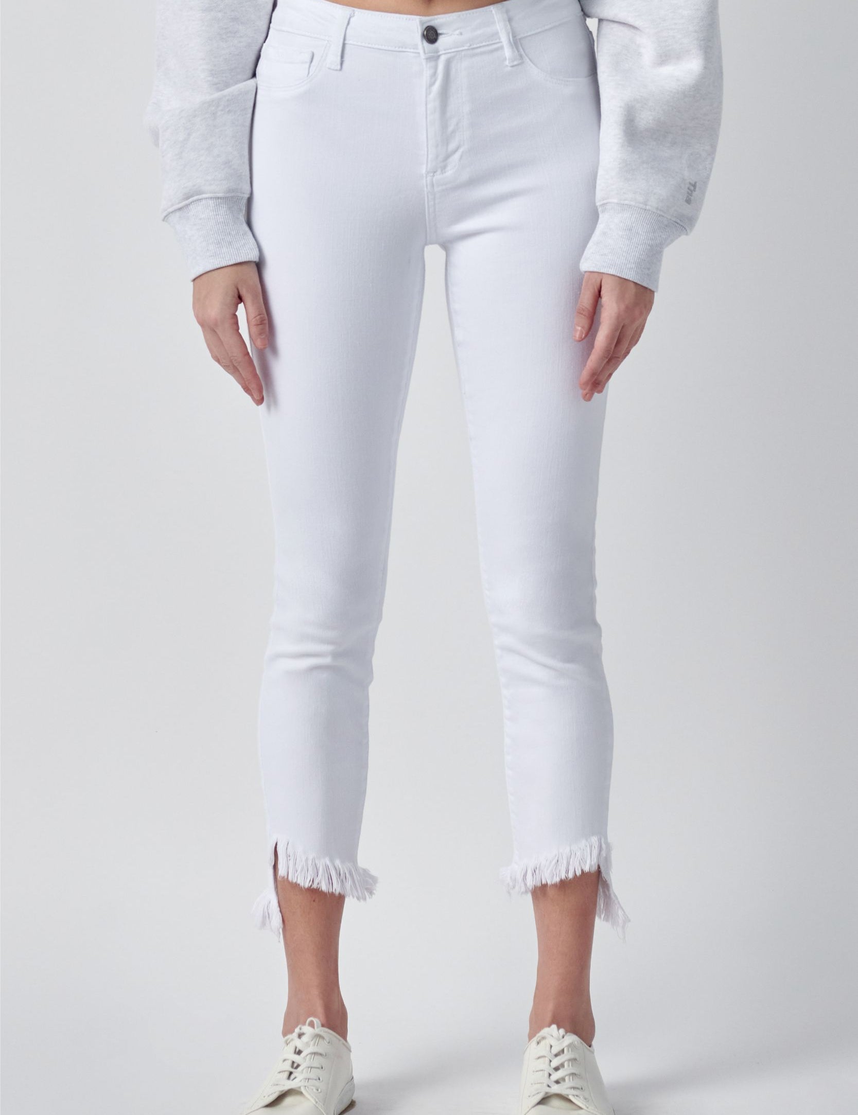 Mid Rise Slanted Fray Cropped Jeans